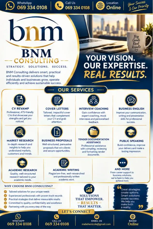 BNM Consulting promotional flyer listing online services and contact details